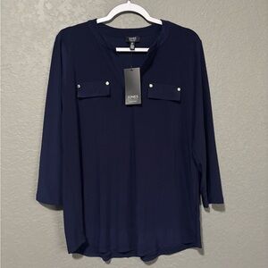 Jones New York Navy Split-Neck Blouse with Decorative Chest Flaps